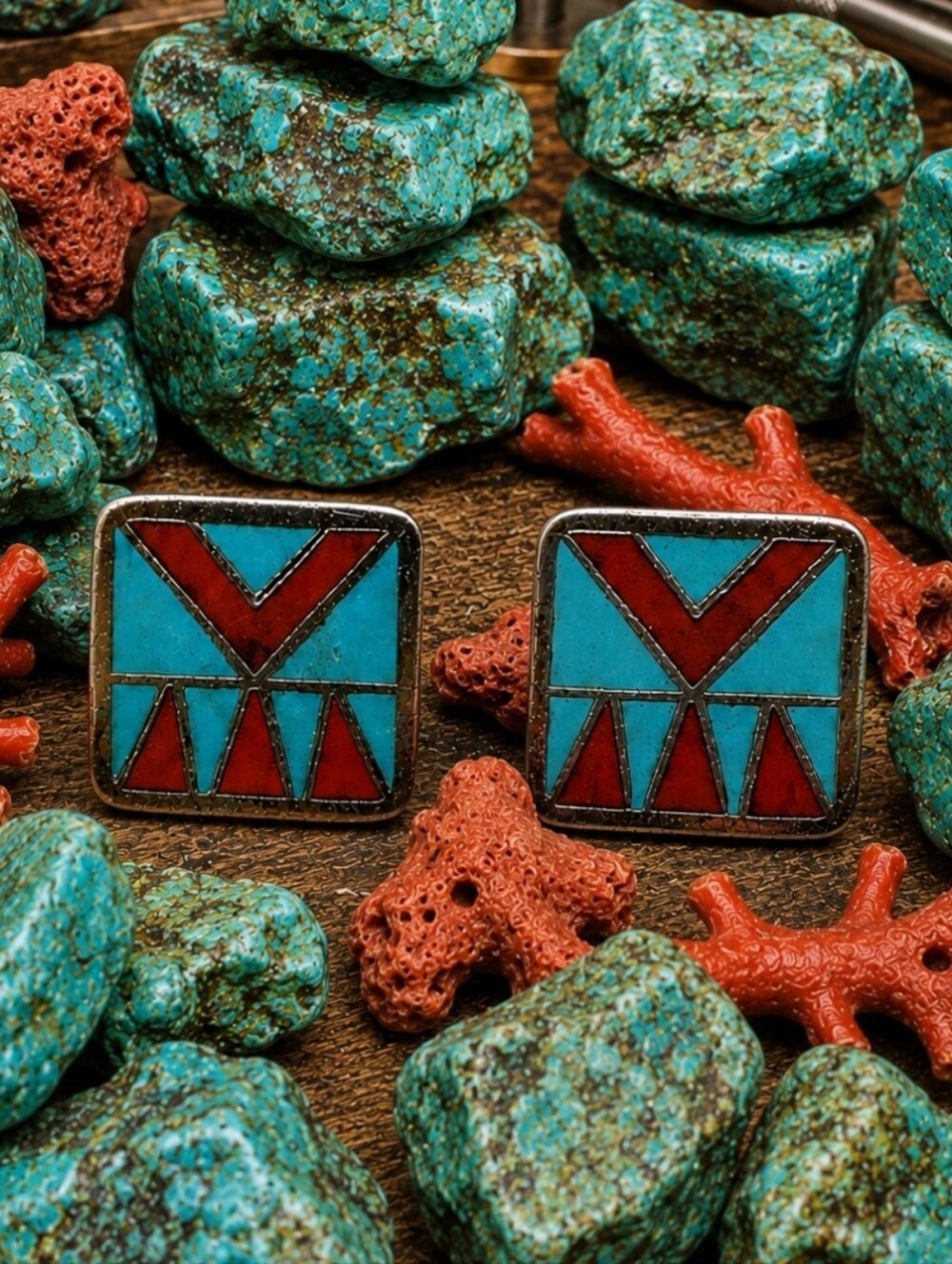 Vintage Enameled Silver Tone Faux Turquoise Faux Coral Screwback Earrings